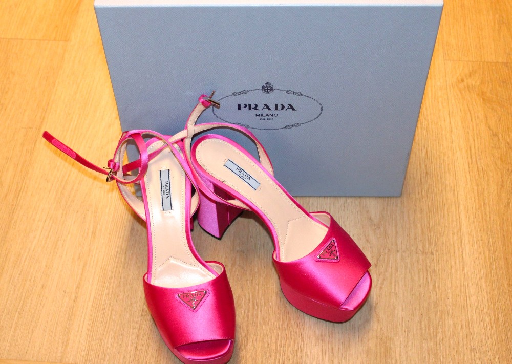 Prada Begonia Pink Satin Platform Sandals sz 40