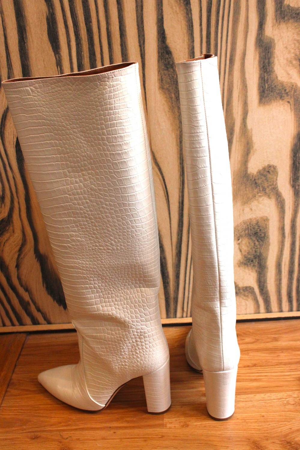 Paris Texas White Embossed Croc Block Heel Boots sz 40