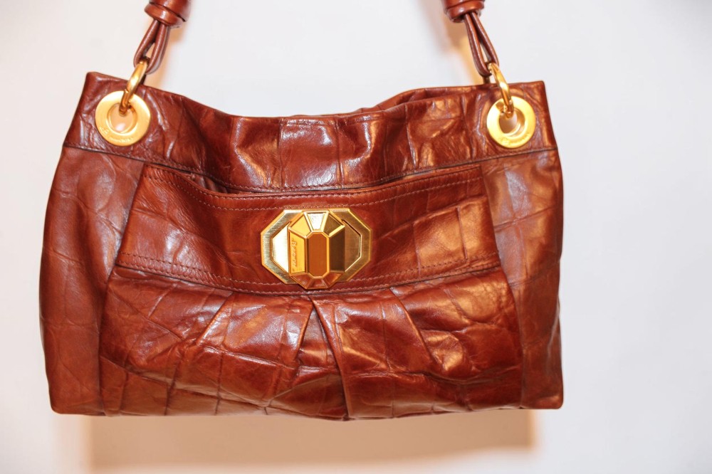 B. Makowsky Crocodile Embossed Brown Leather Shoulder Bag