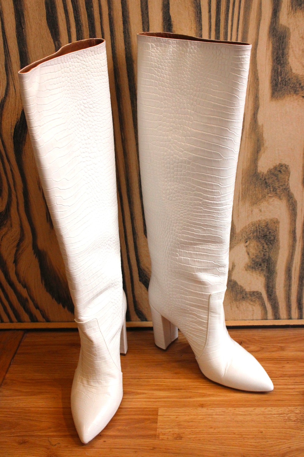 Paris Texas White Embossed Croc Block Heel Boots sz 40
