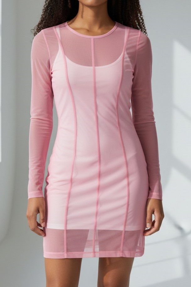 Calvin Klein Pink Mesh Long Sleeve Midi Dress (Sz S)