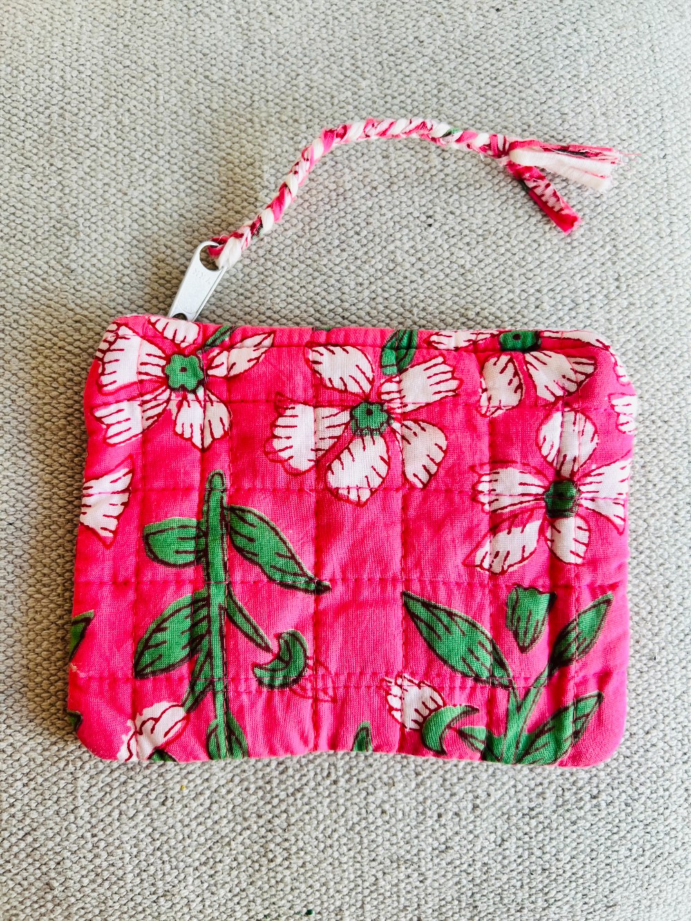 Quilted Pouch - Hot Pink White Flowers