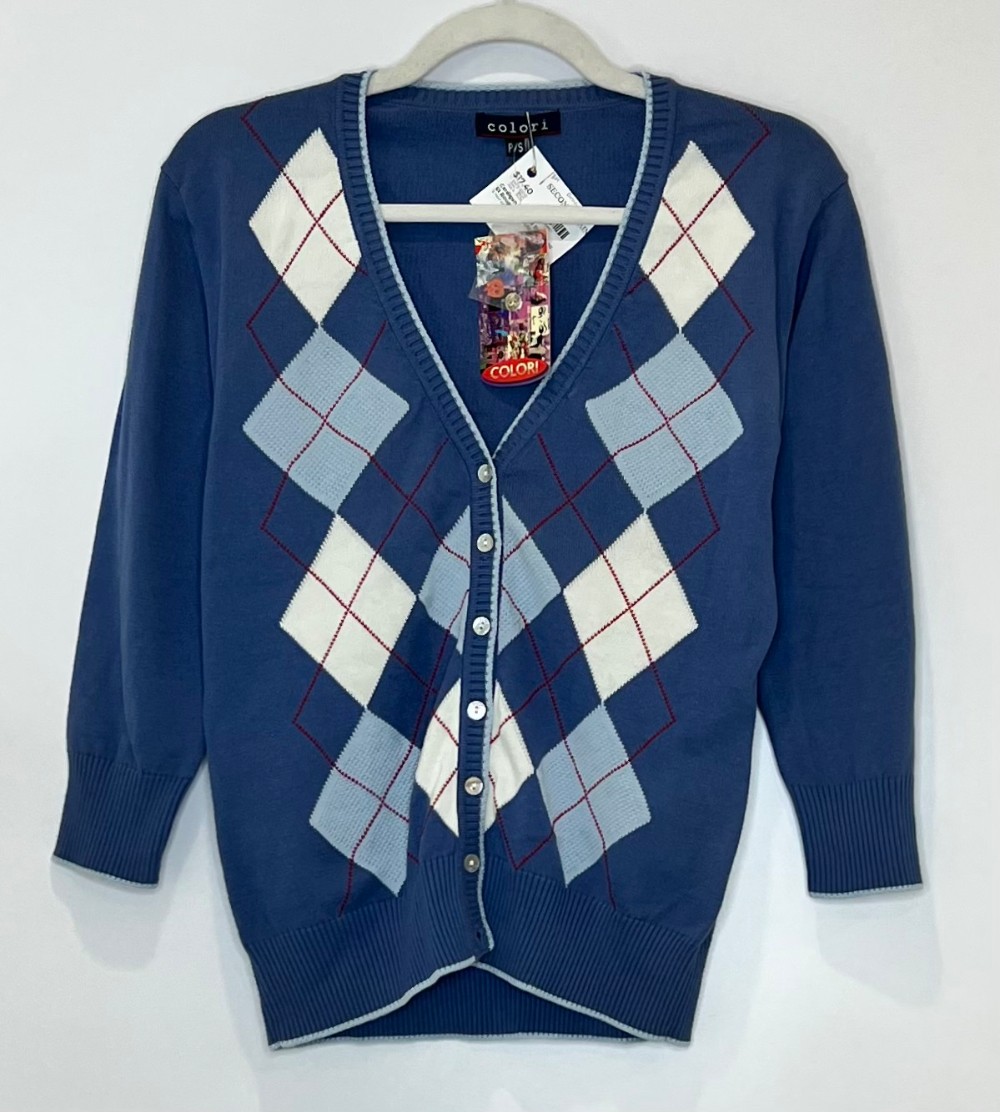 Cardigan Colori (S) Bleu Banc Et Rouge Carreauté