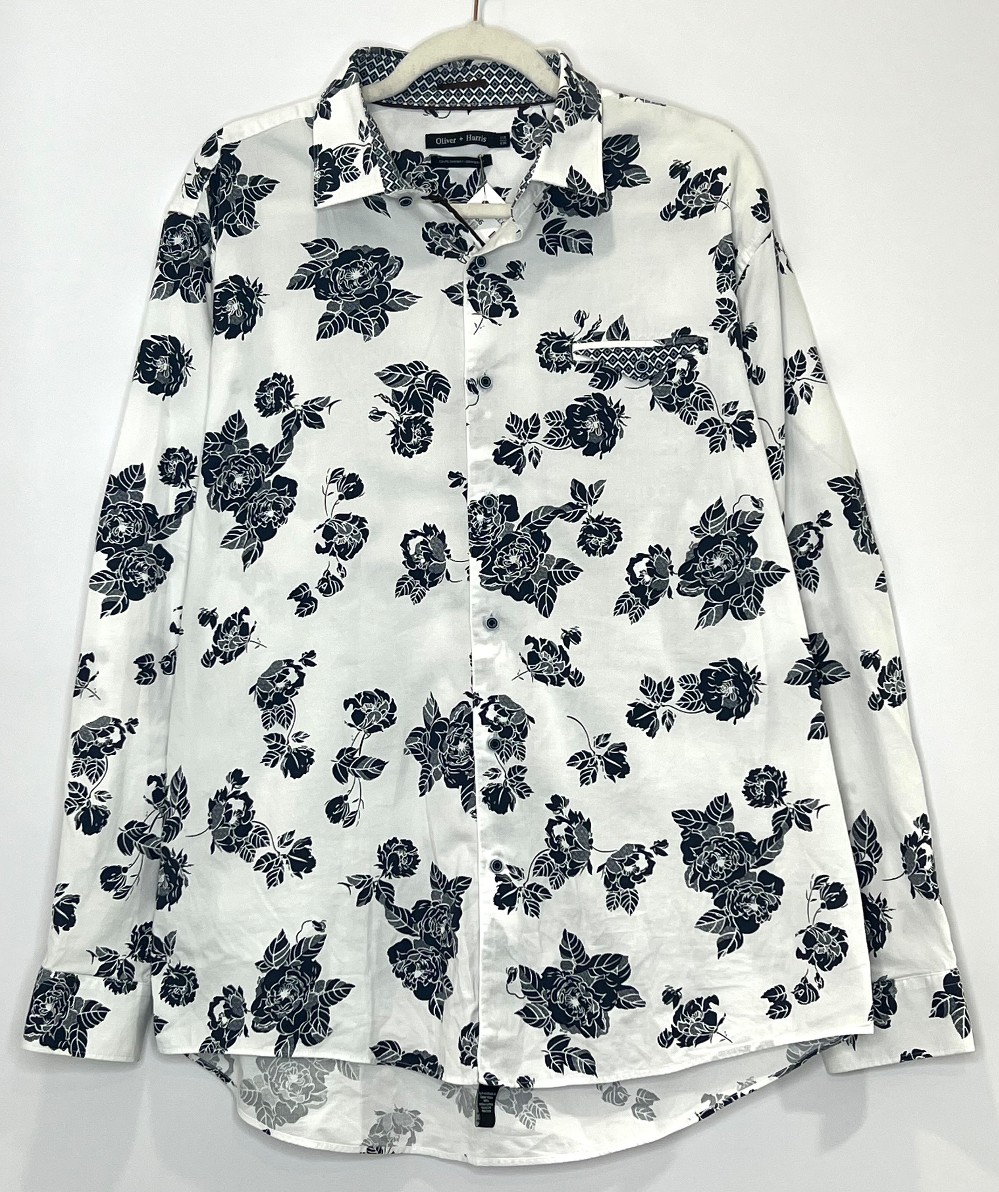 H Chemise Oliver + Harris (XL) Blanc avec Fleurs Bleu