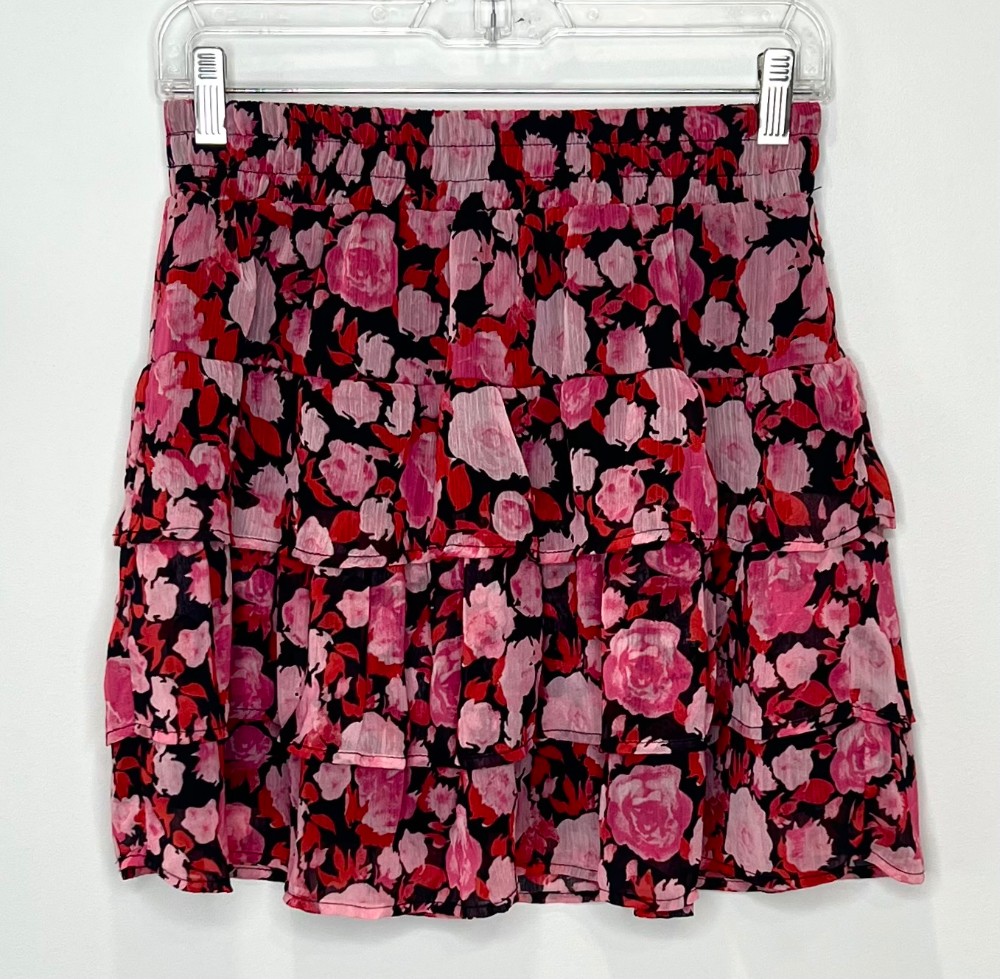 Jupe Tamara H (S) Noire Fleuri Rose (Multi etagee)