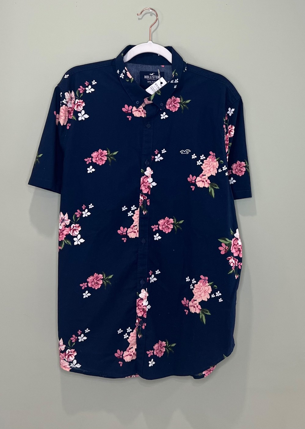H Chemise Hollister (XL) Bleu Marine Fleuri Rose