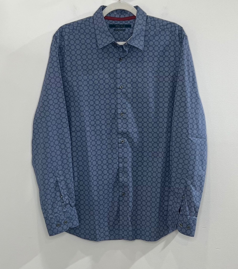 H Chemise Perry Ellis (L) Bleu Motif Blanc
