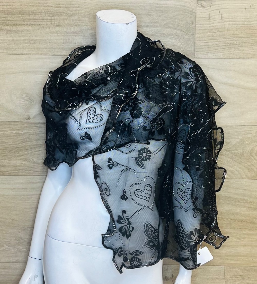 Écharpe GRENIER coeurs et fleurs noir et argent