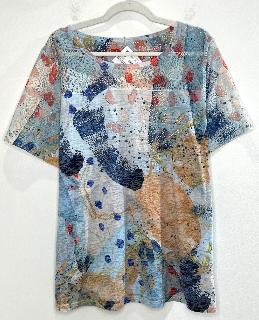 Blouse Sans Étiquette (XL) Bleu, Rouge et Orange avec Brillants