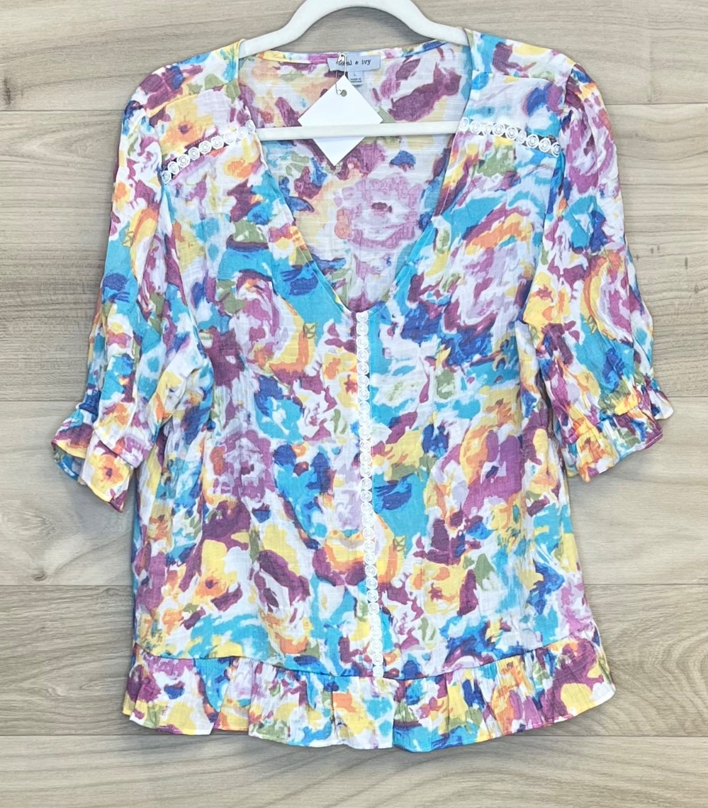 Blouse Floral & Ivy (L) fleuri rose bleu jaune