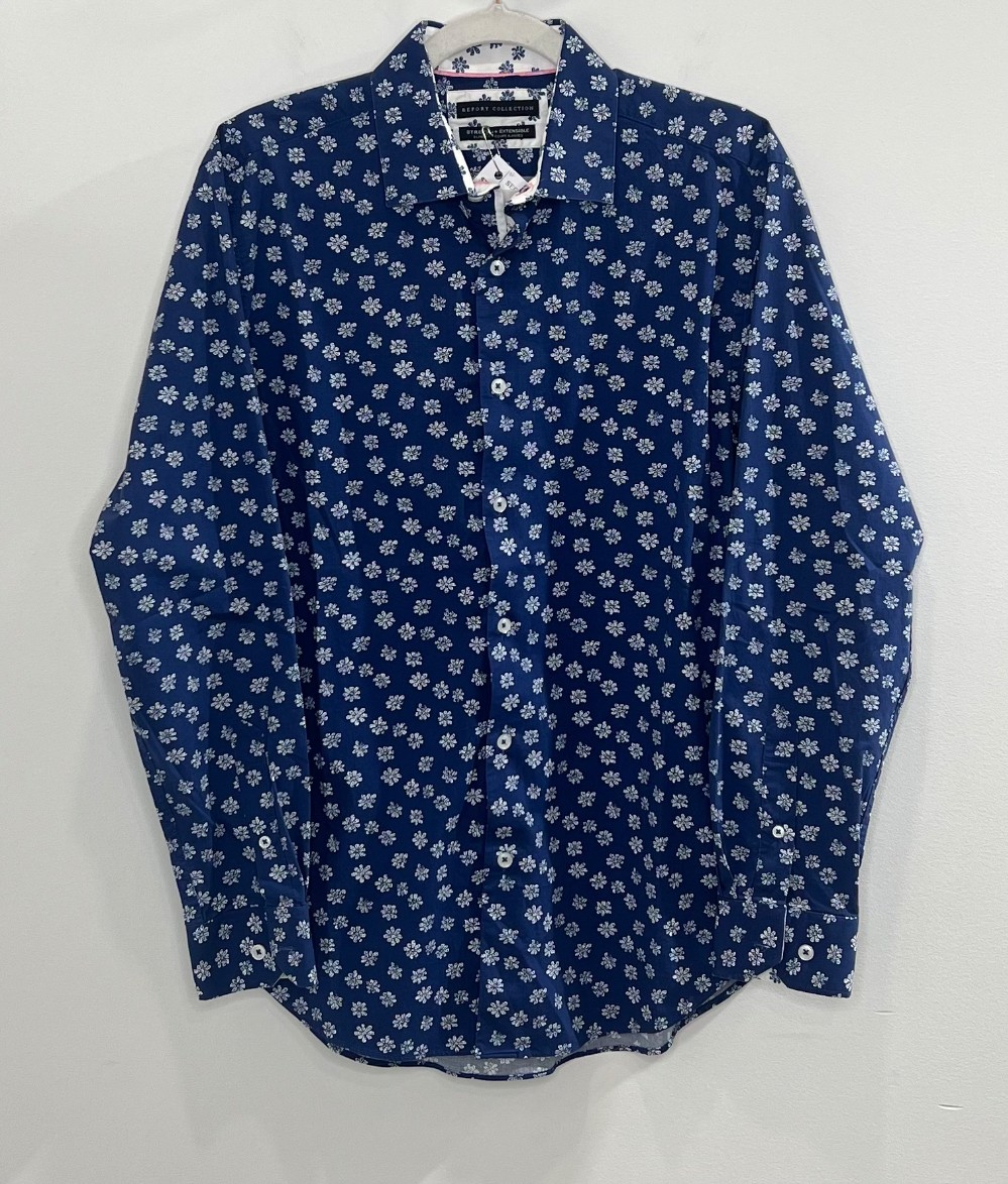 H Chemise Report Collection (L) Bleu a Motif Blanc