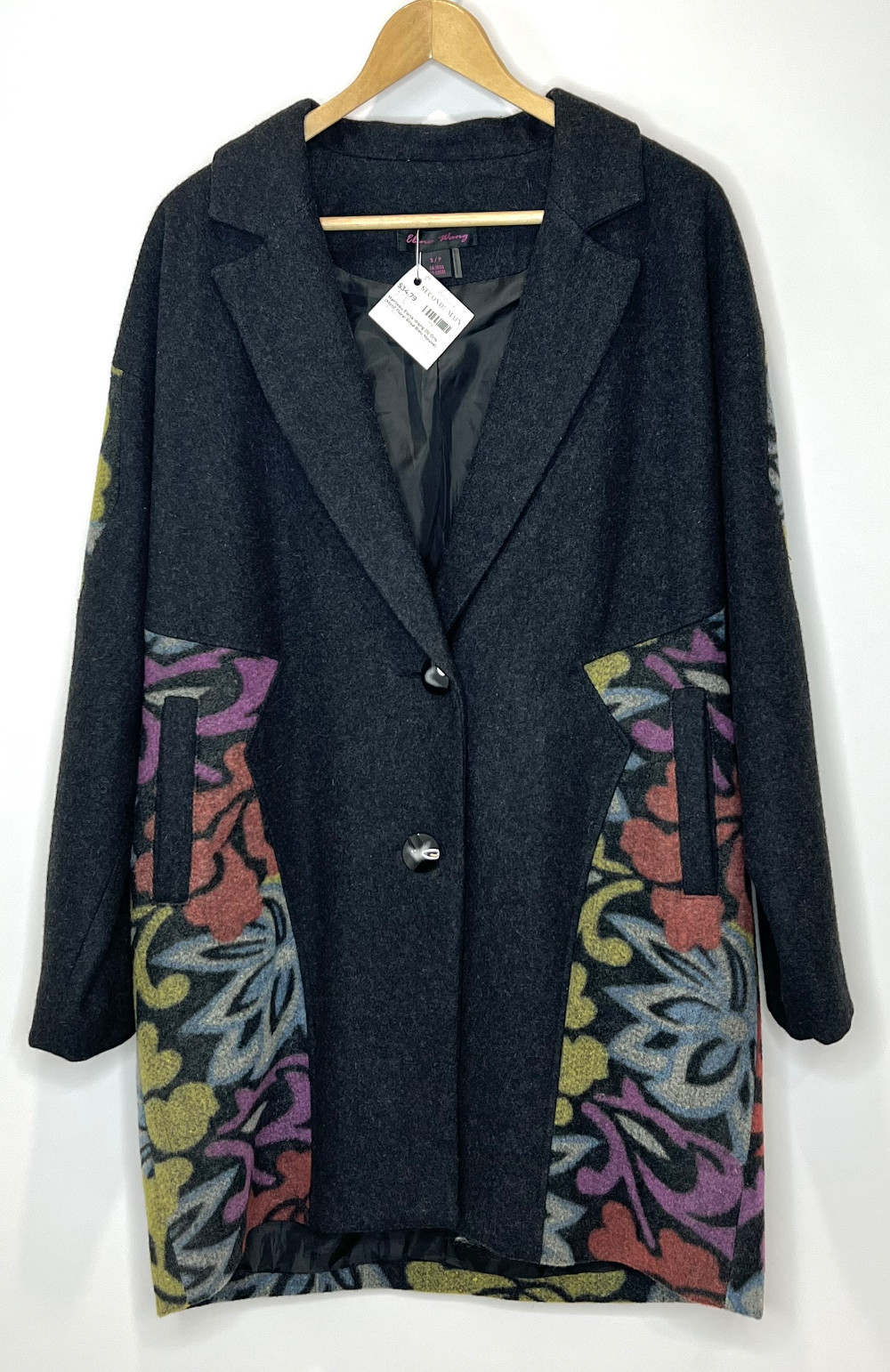Manteau Elena Wang (S) Gris  (Motif Floral Rose  Bleu Mauve)