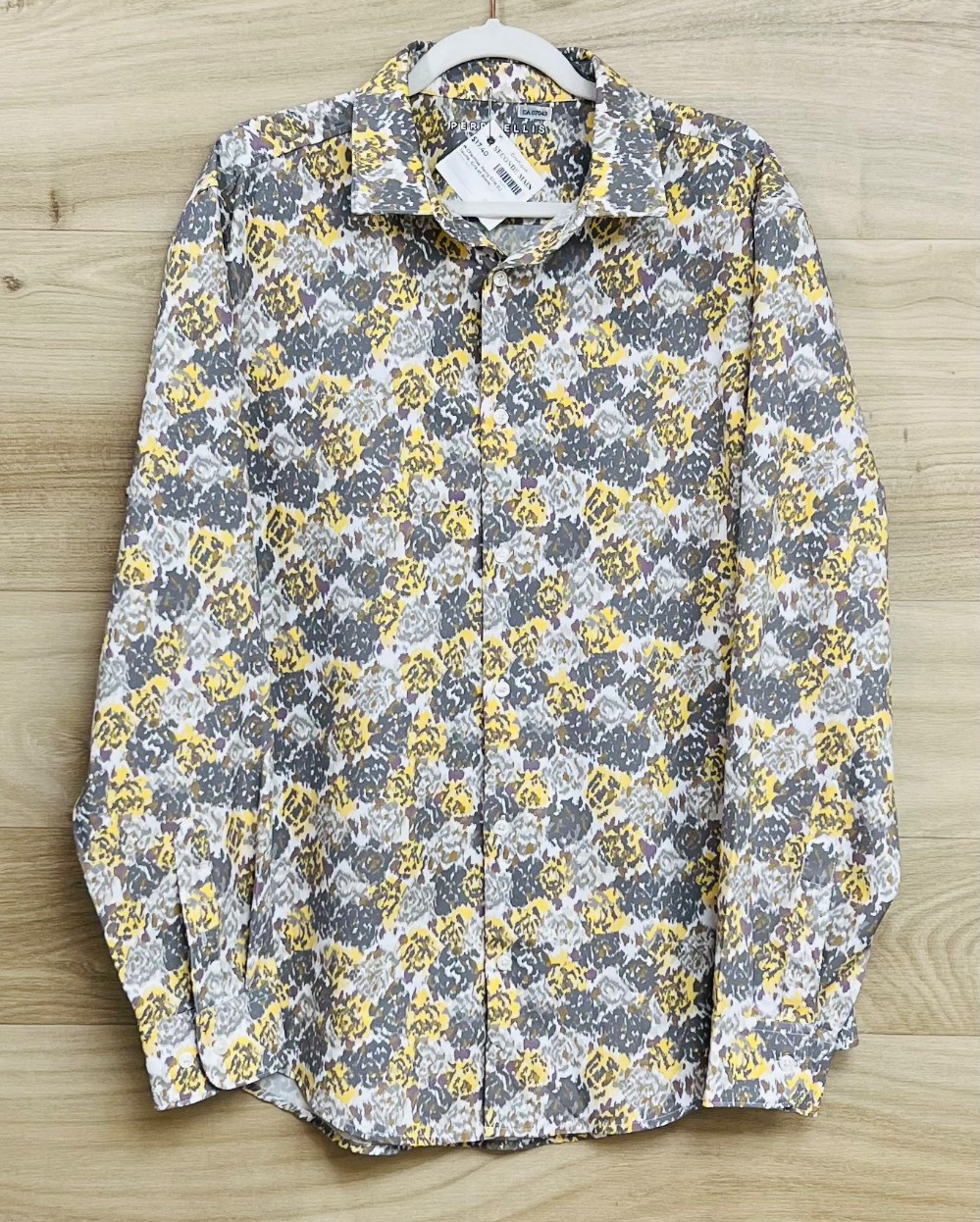 H Chemise Perry Ellis (L) Jaune, Gris et Blanc