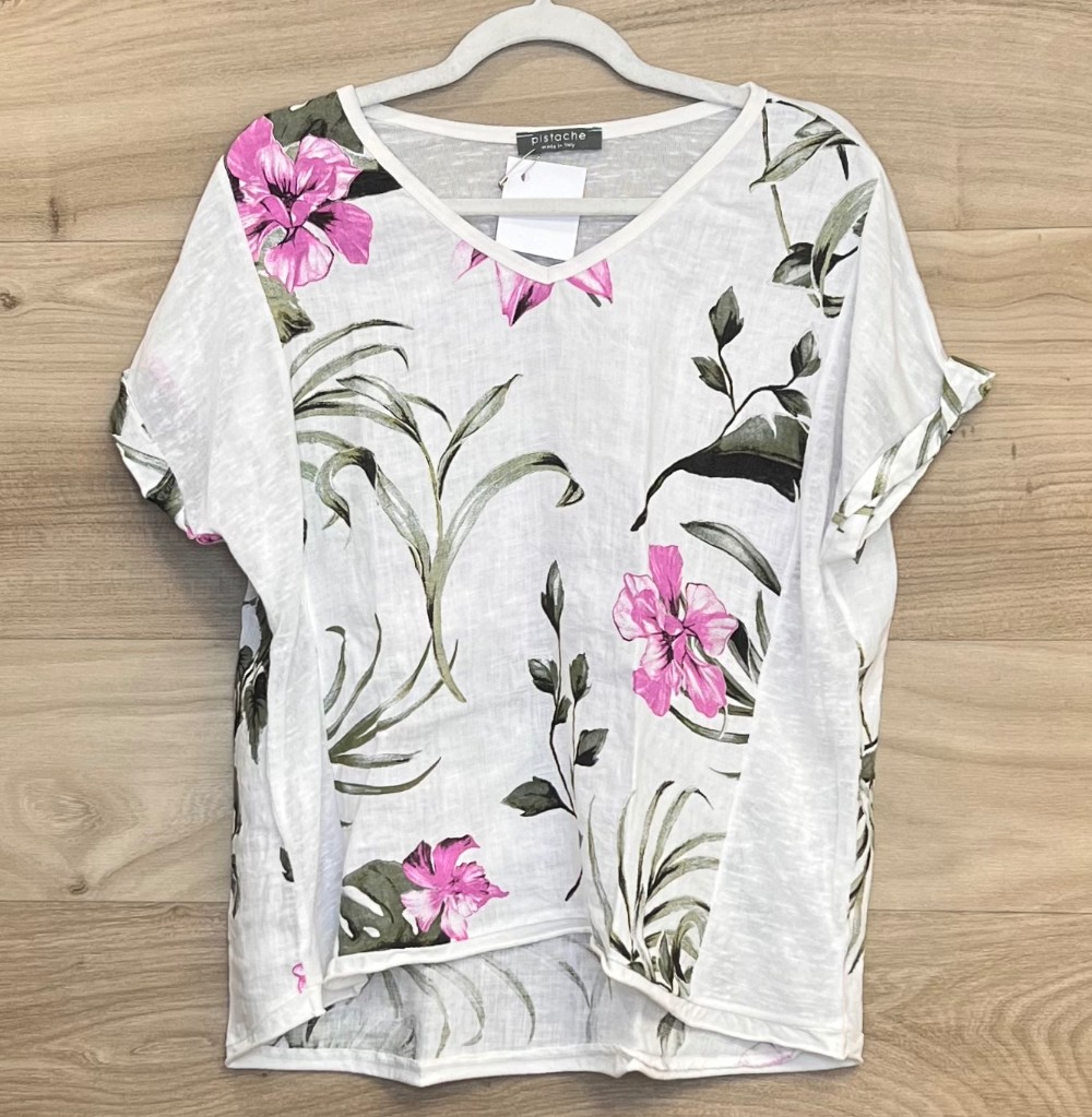 Blouse Pistache (M) Blanche Fleurie Rose et Vert