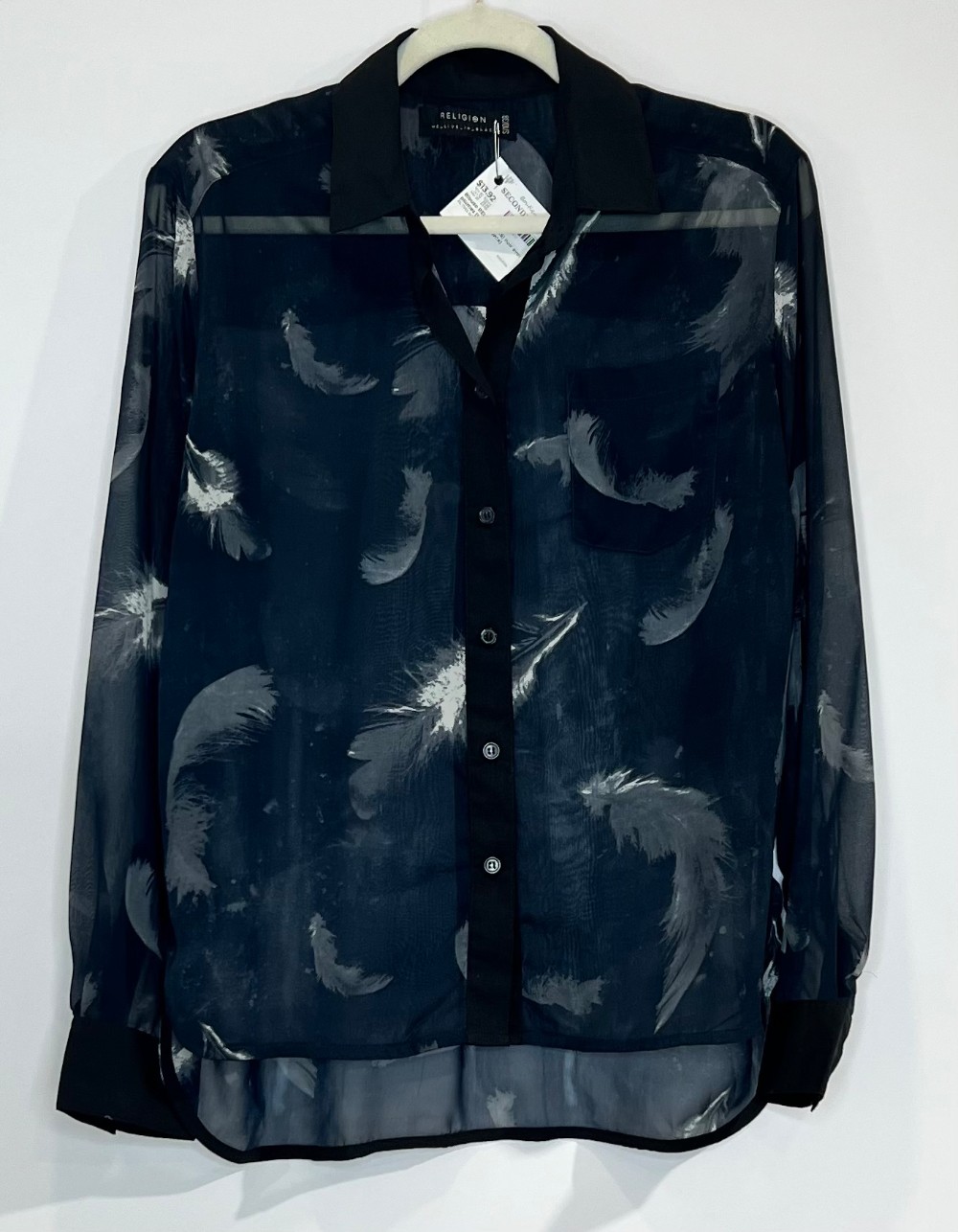 Blouse RELIGION (XS) noir avec plumes (transparente)