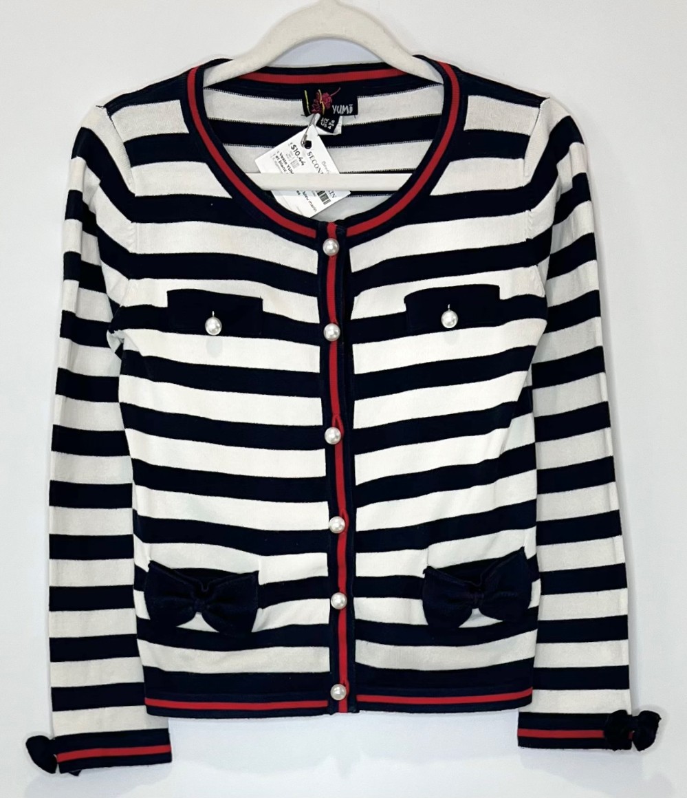 Veste YUMI (S) rayé bleu marin et blanc avec perles