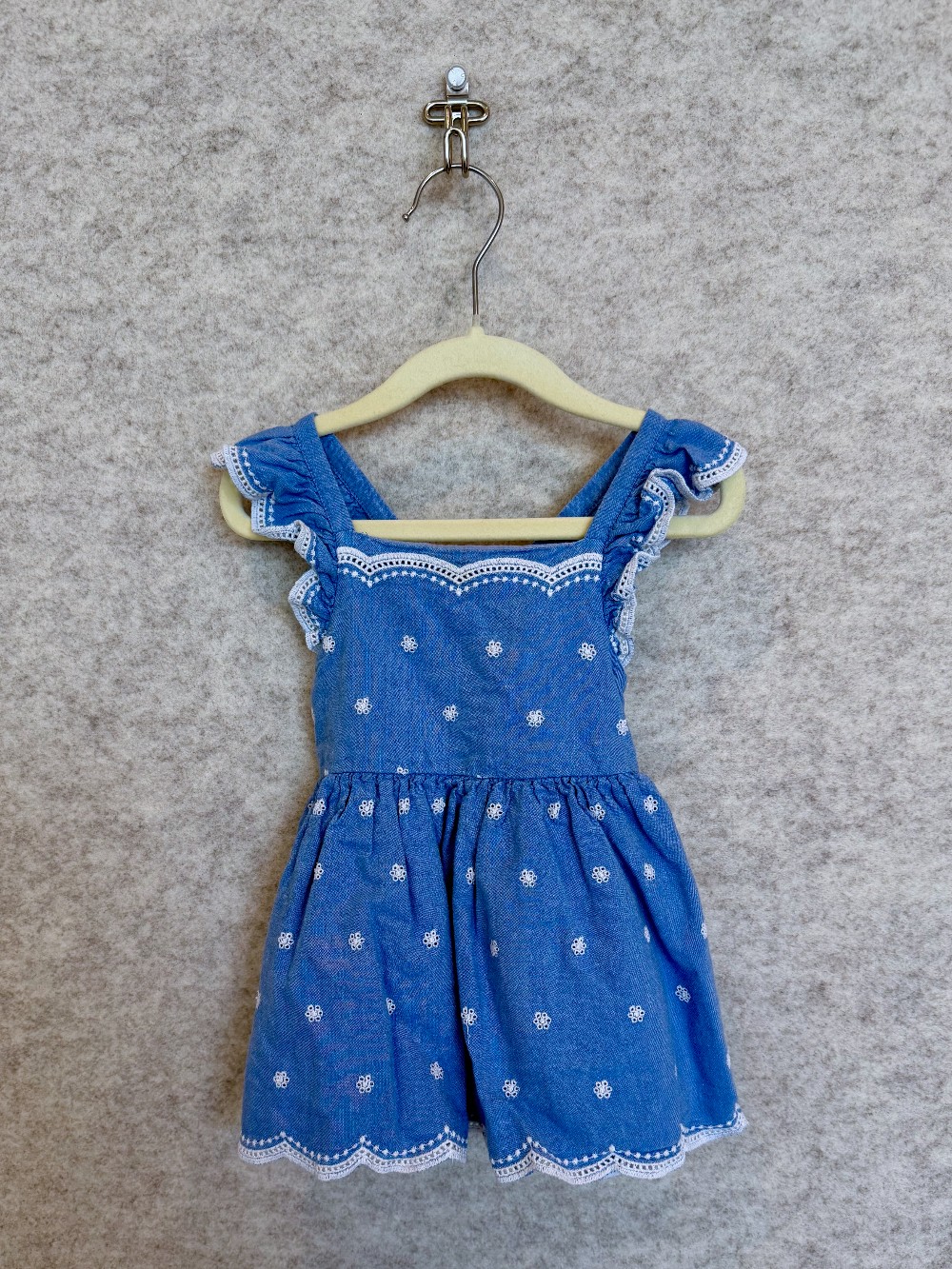 Blue Chambray Ruffle Sleeve Embroidered Blue Dress