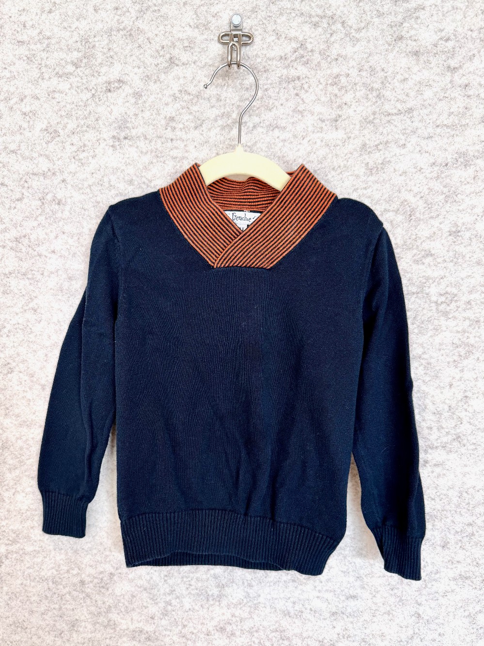 Frenchie Black Knit Shirt with Orange Striped Collar