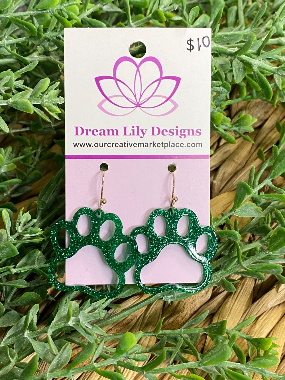 Acrylic Pawprint Green Dangle Earring