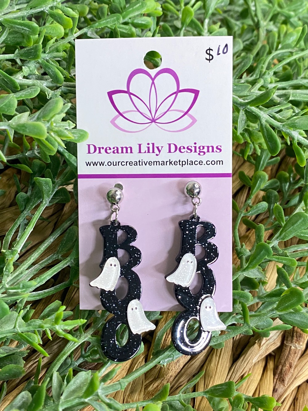 BOO Acrylic Black Ghost Earrings