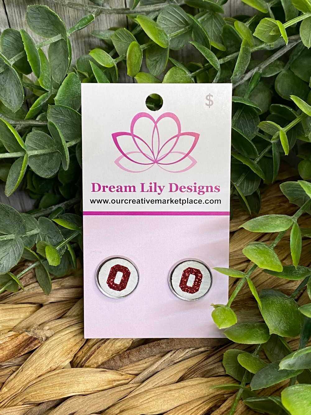 White Red O Glitter Leather Stud Earrings