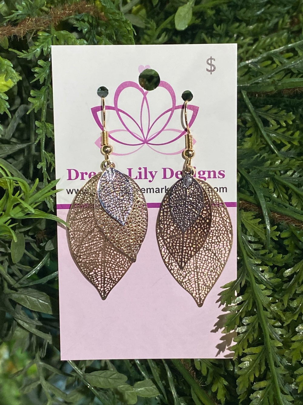 Triple Gold Silver Rose Leaf Metal Earrings