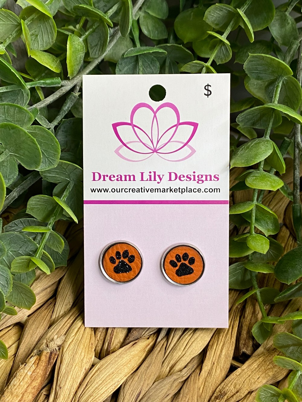 Orange Black Pawprint Glitter Leather Stud Earrings
