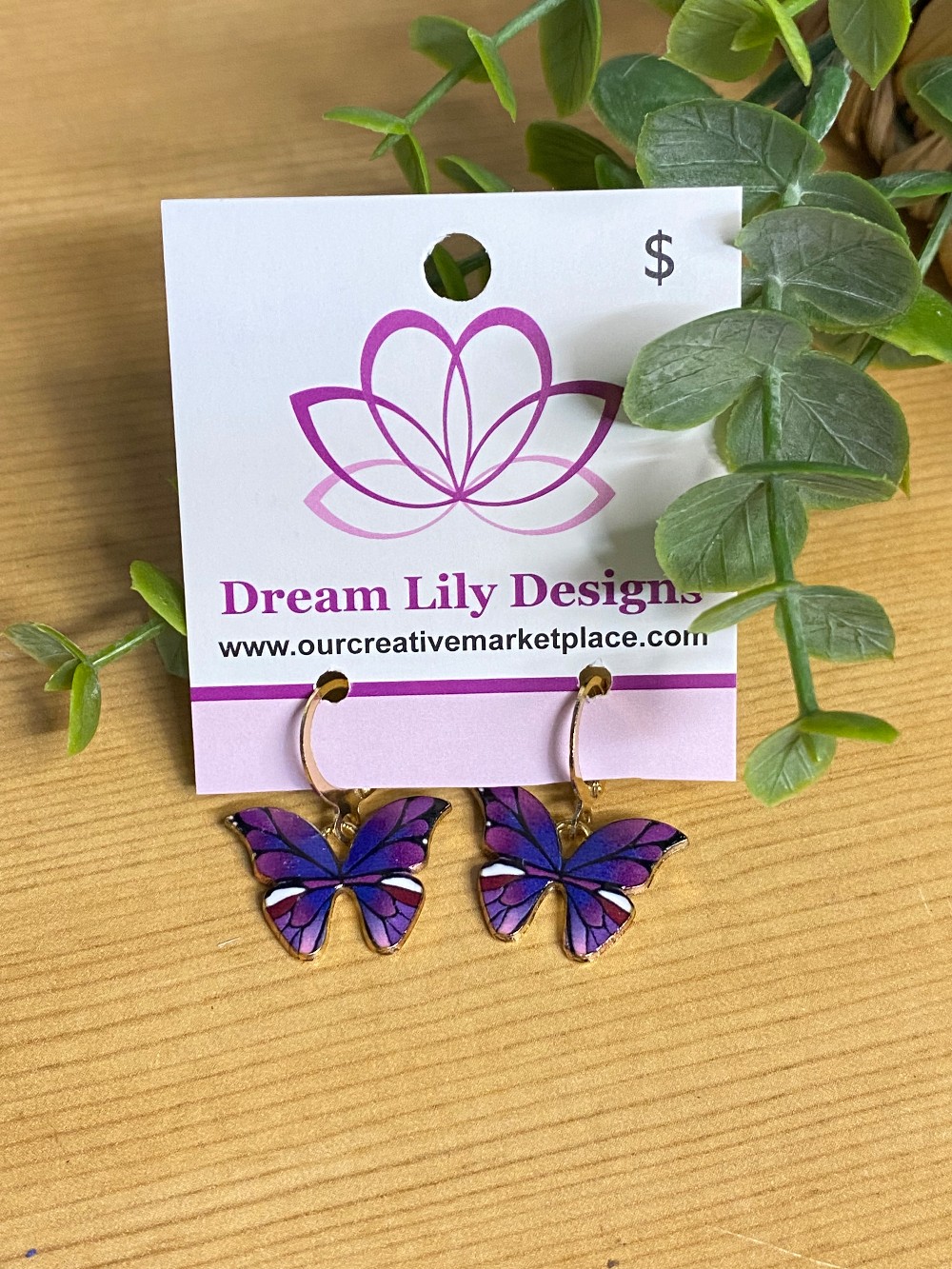 Butterfly Dangle Hoop Earrings - Purple