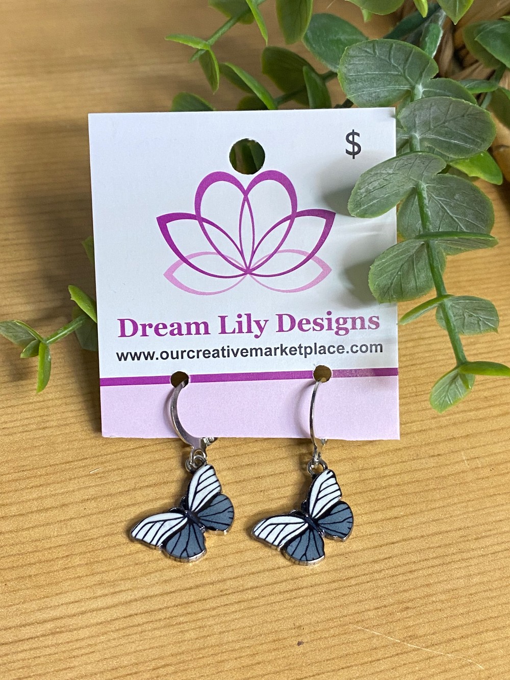 Butterfly Dangle Hoop Earrings - White Grey