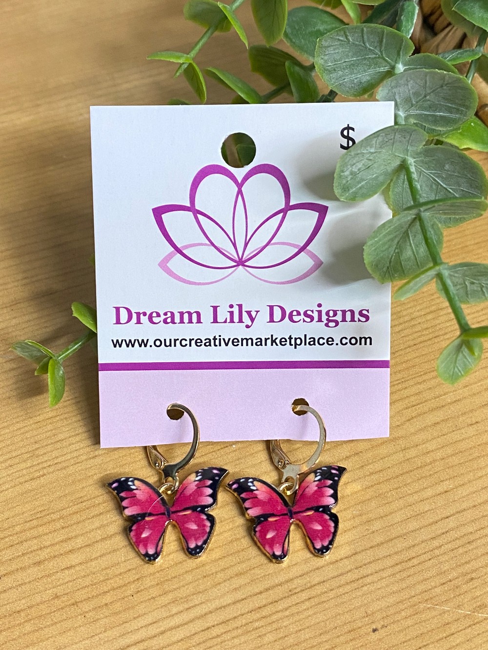 Butterfly Dangle Hoop Earrings - Hot Pink