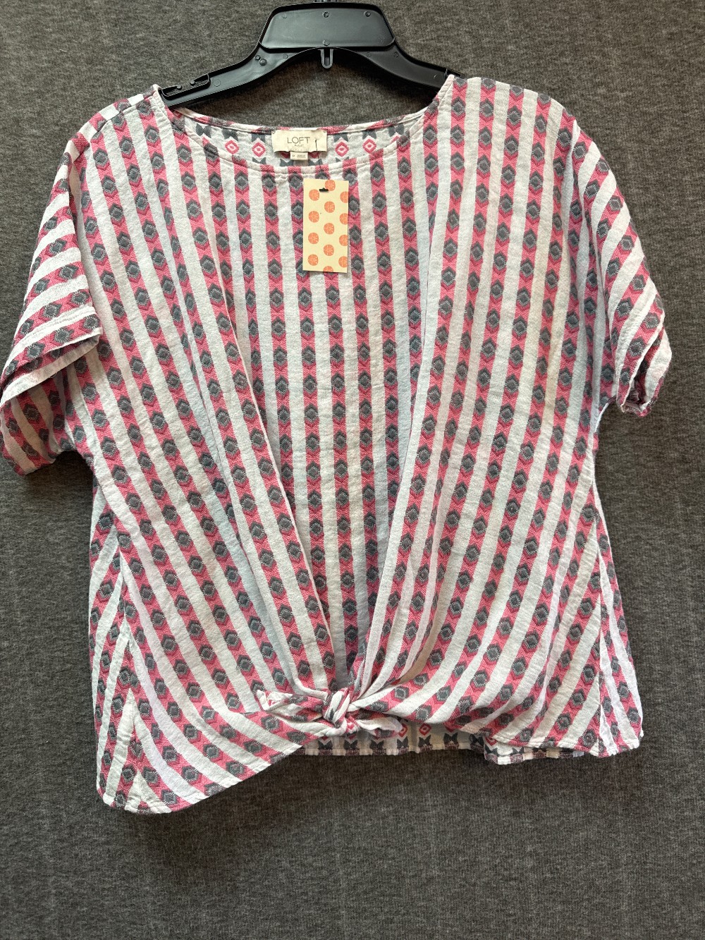 LOFT White w/ Pink & Grey Geo Print Tie Front Top