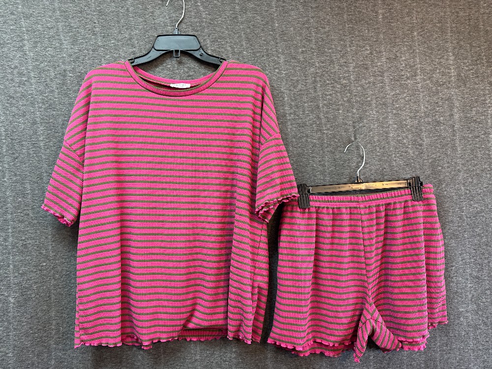 EKOUAER Hot Pink & Green Stripe 2pc PJ Set