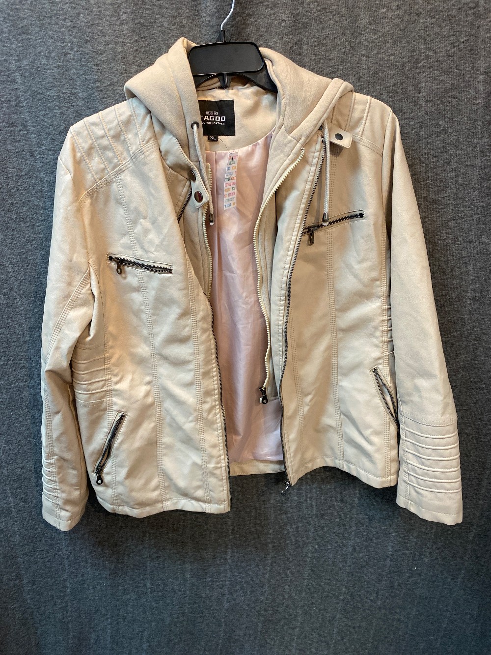 TAGOO Cream Faux Leather Hooded Zip Jacket