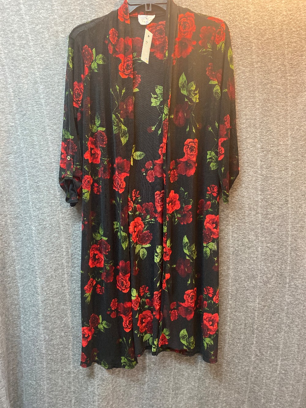 EMBER Black W/ Red Roses Sheer Long Slv Cardigan