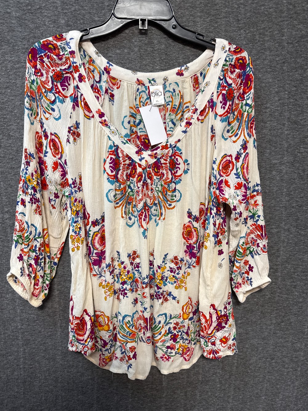 BILA Ivory w/ Floral Print Crinkle Cotton Top