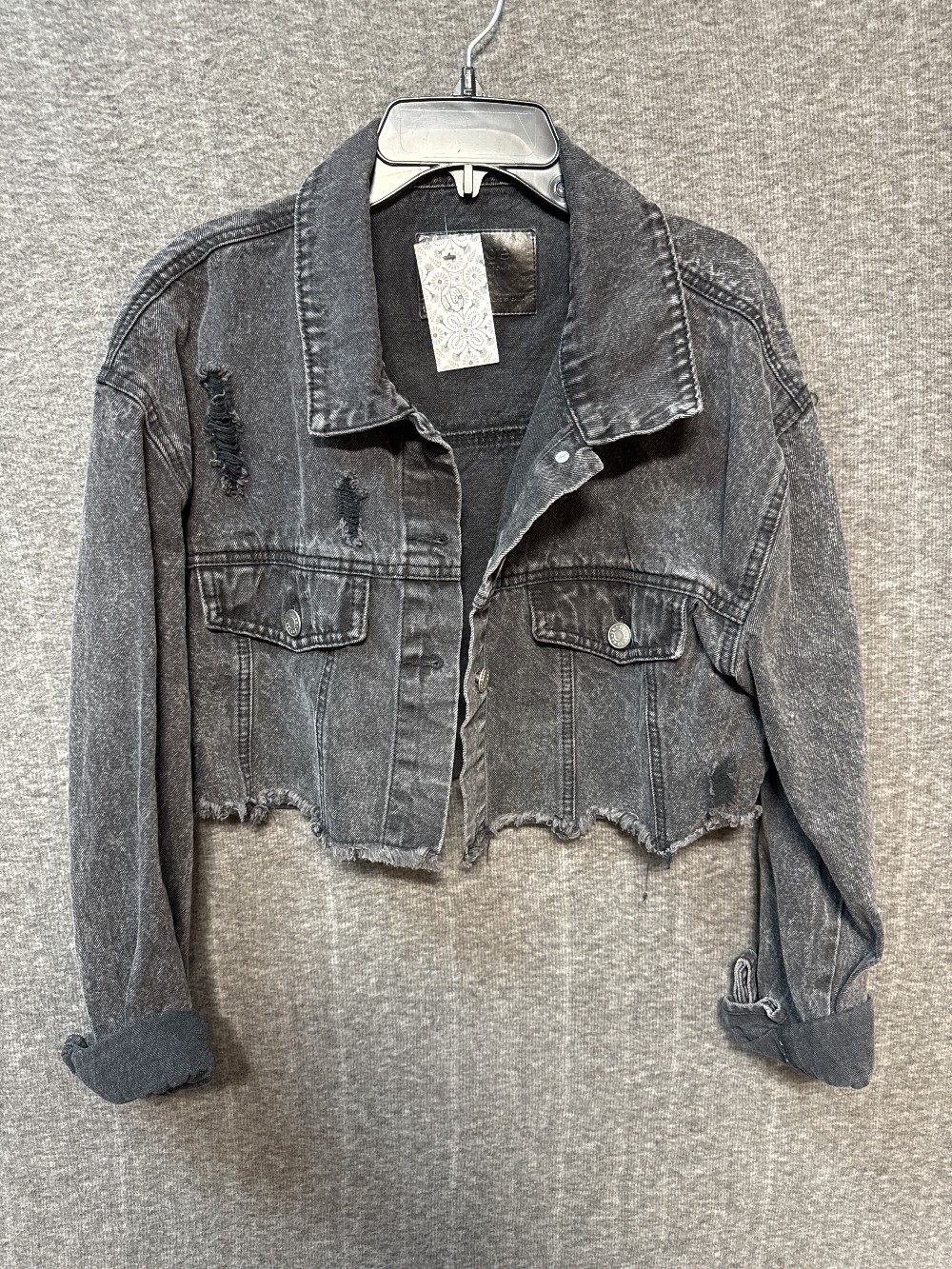 REFUGE Black Faded Denim Crop Raw Hem Jacket