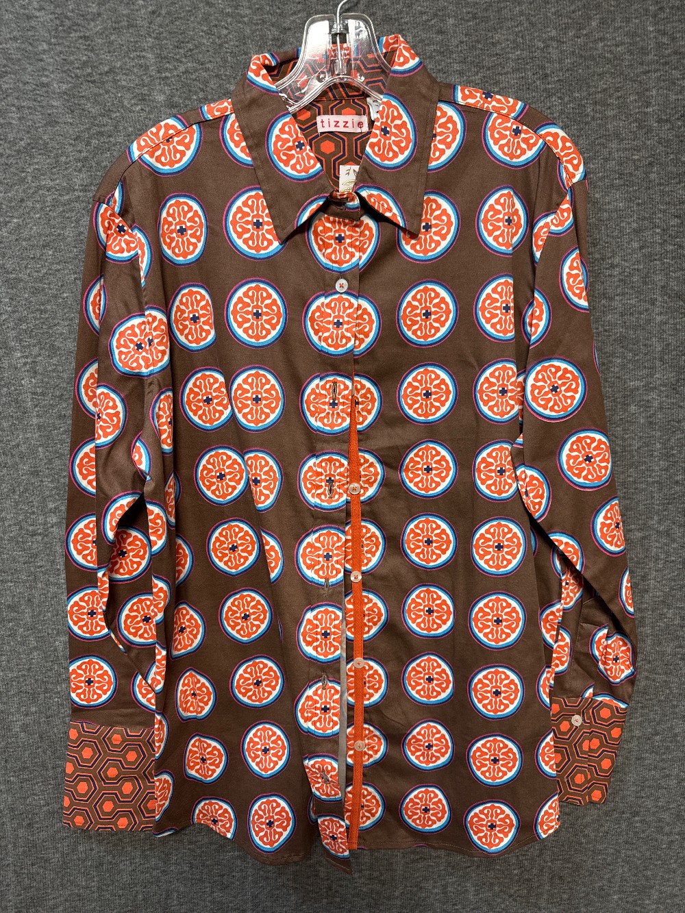 TIZZIE Brown & Melon Print Button Front Shirt