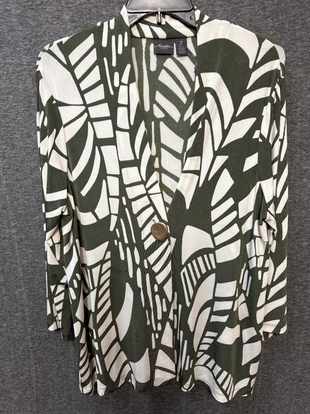 CHICO’S Olive & White Print One Button Cardigan