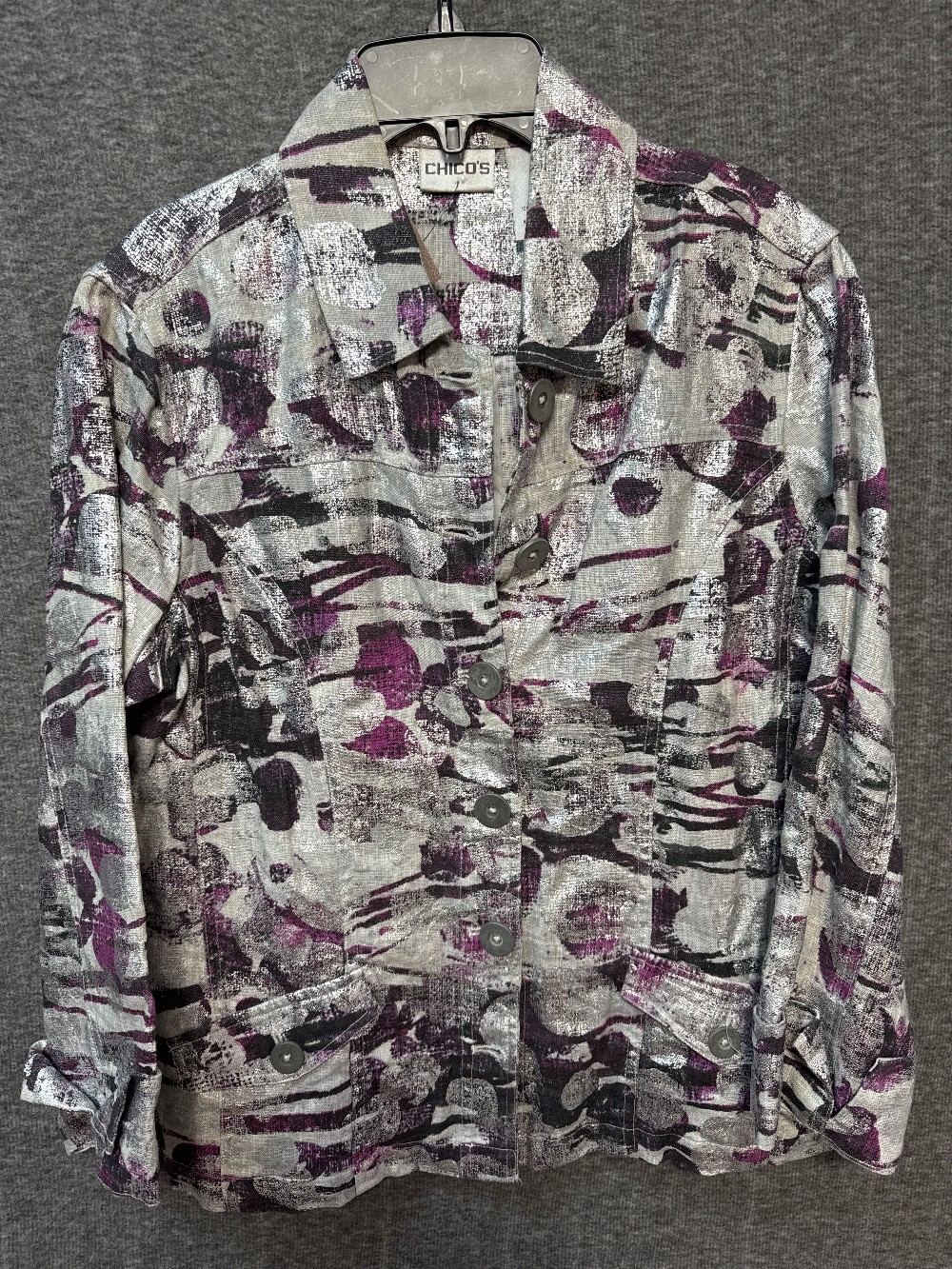 CHICO’S Silver w/ Purple Print Button Blazer