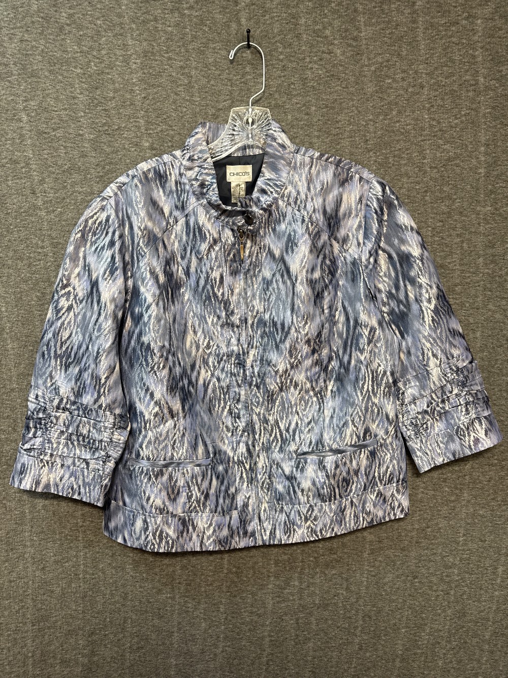 CHICO’S Blue Shimmer Print Zip Blazer