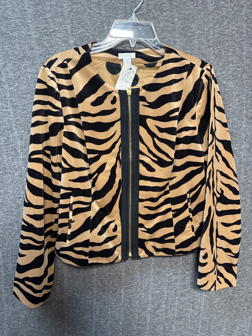 CHICO’S Tan & Black Print Zip Blazer