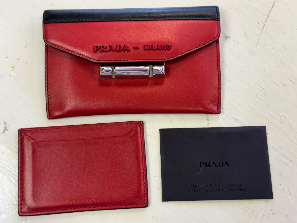 PRADA Red & Black Envelope Wallet w/ Card Insert