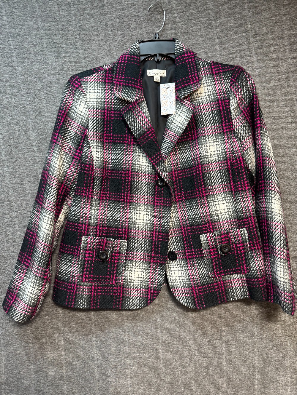 KIM ROGERS Black, White & Pink Plaid Button Blazer