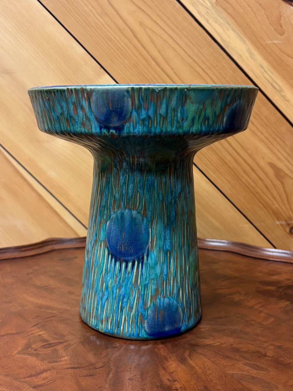 BLUE MULTI CERAMIC PEDISTAL CANDLE HOLDER / 8X8.5