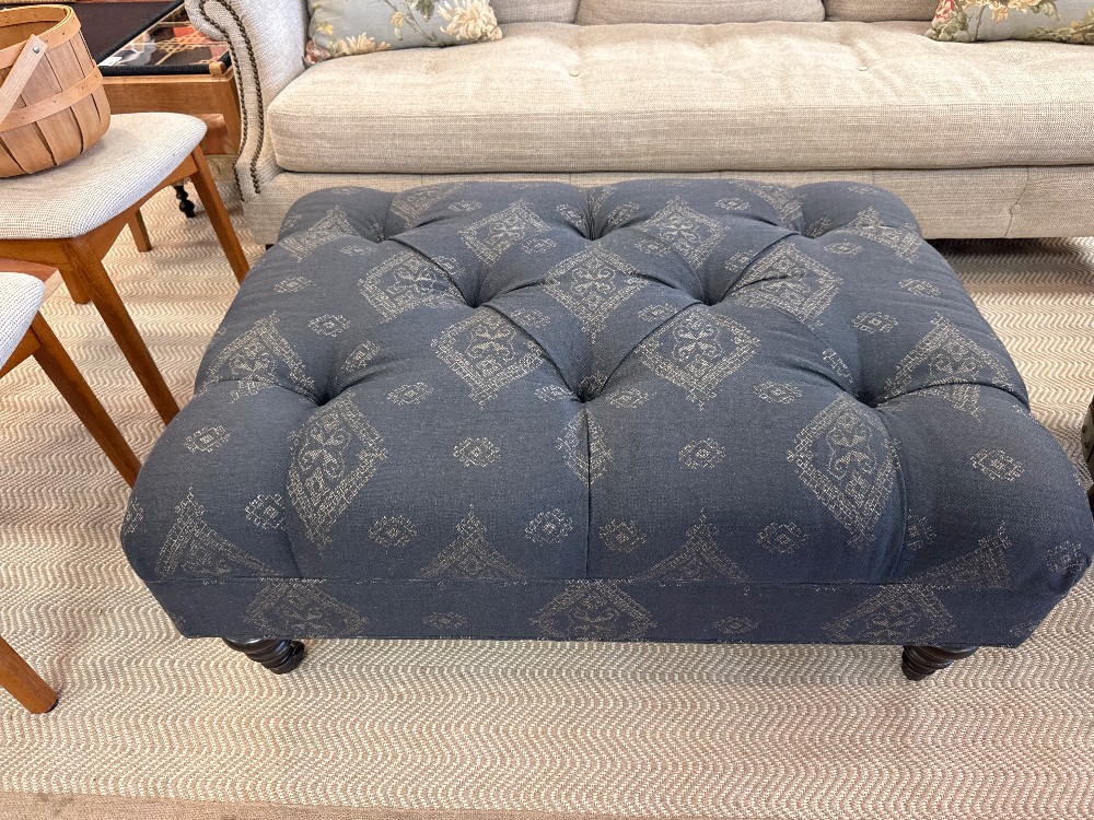 ETHAN ALLEN BLUE TUFTED DENIM HASSOCK / 30x39x18
