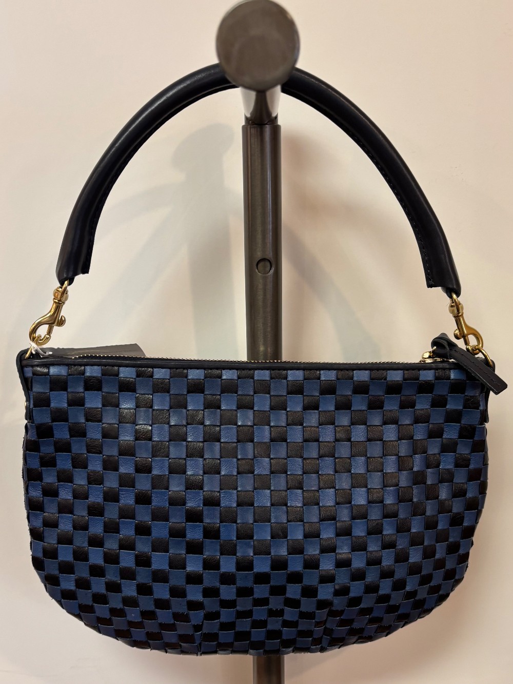 CLAIRE V BLUE & BLACK LEATHER WOVEN SHOULDER BAG