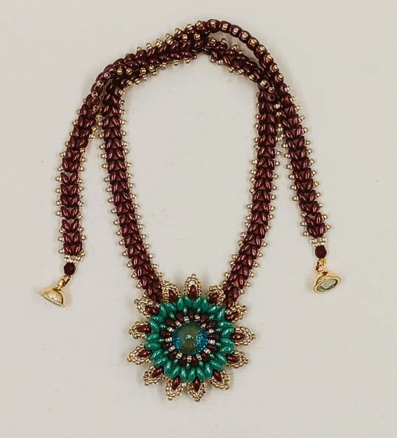 Maroon and Aqua Flower Pendant Necklace
