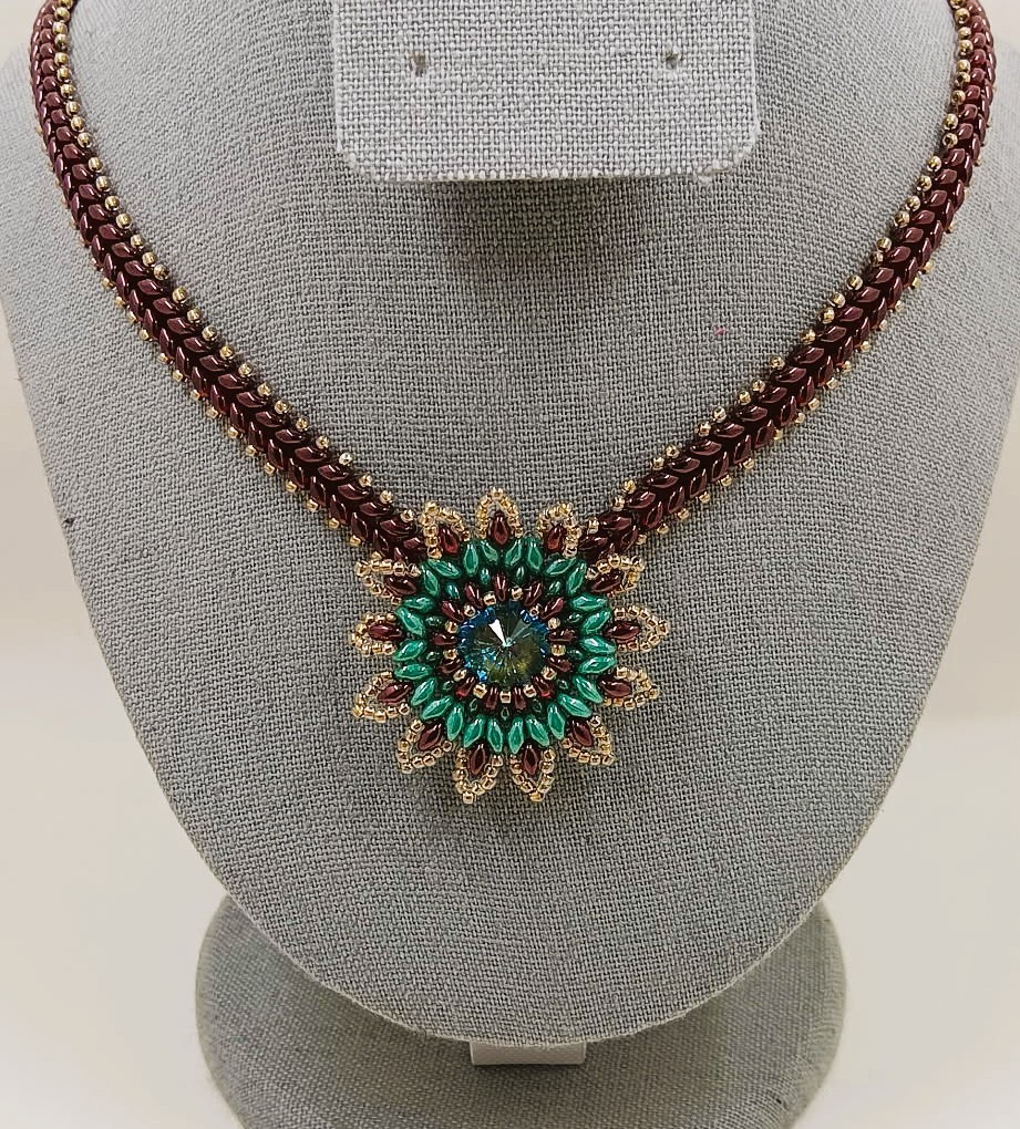 Maroon and Aqua Flower Pendant Necklace