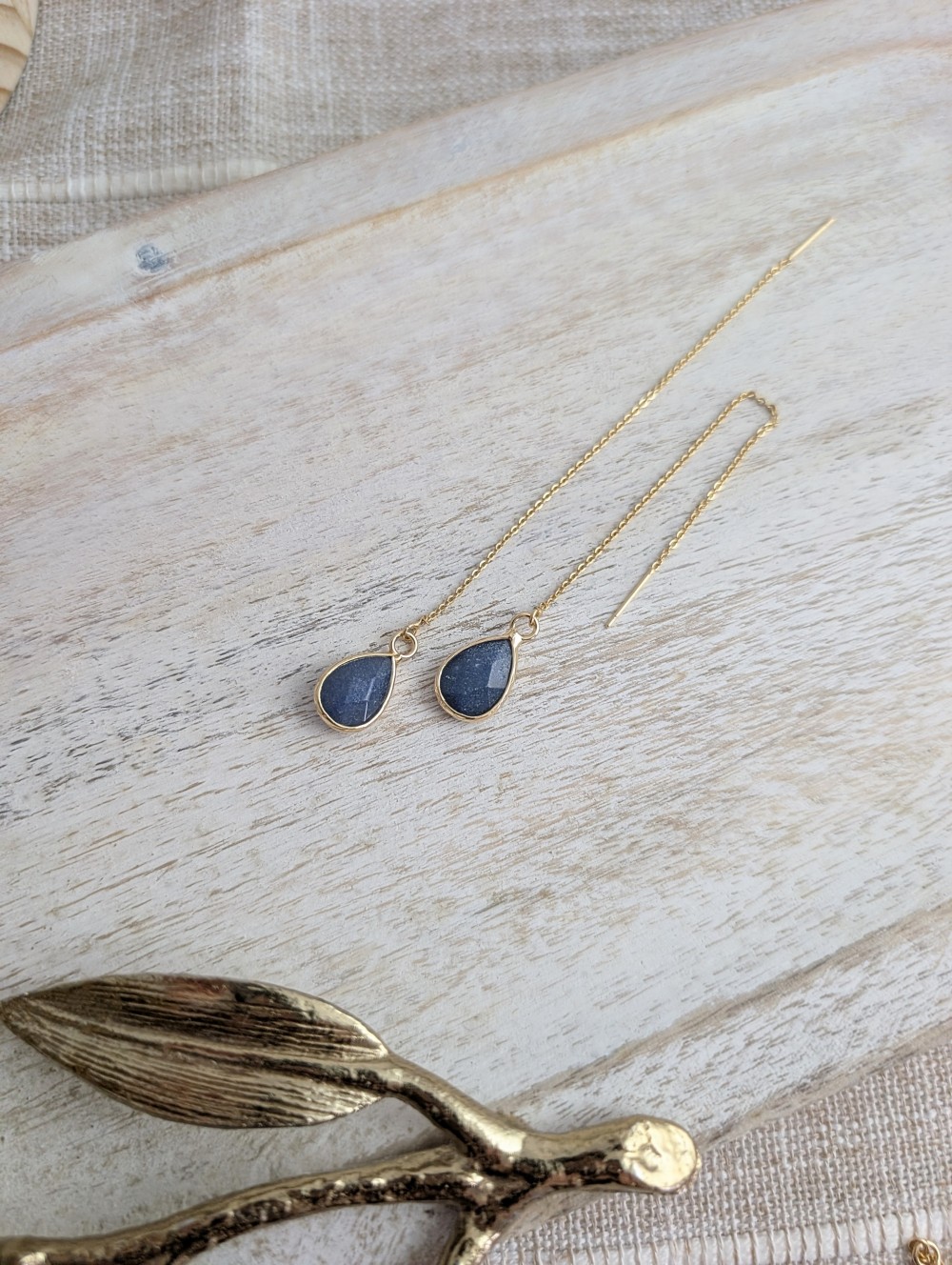 Blue Adventurine Natural Stone Threader Earrings