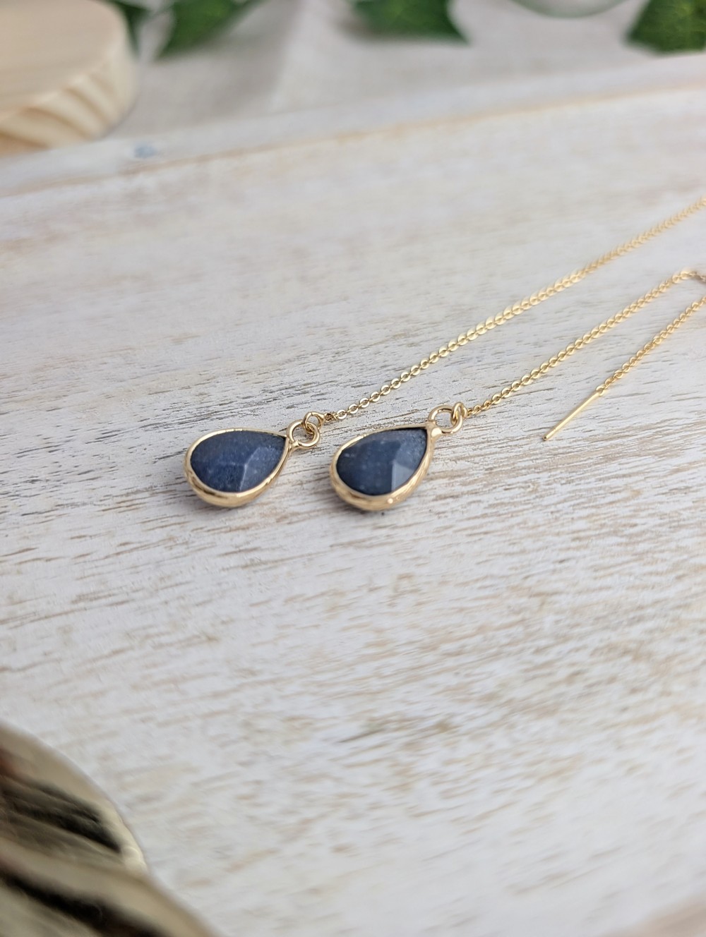Blue Adventurine Natural Stone Threader Earrings